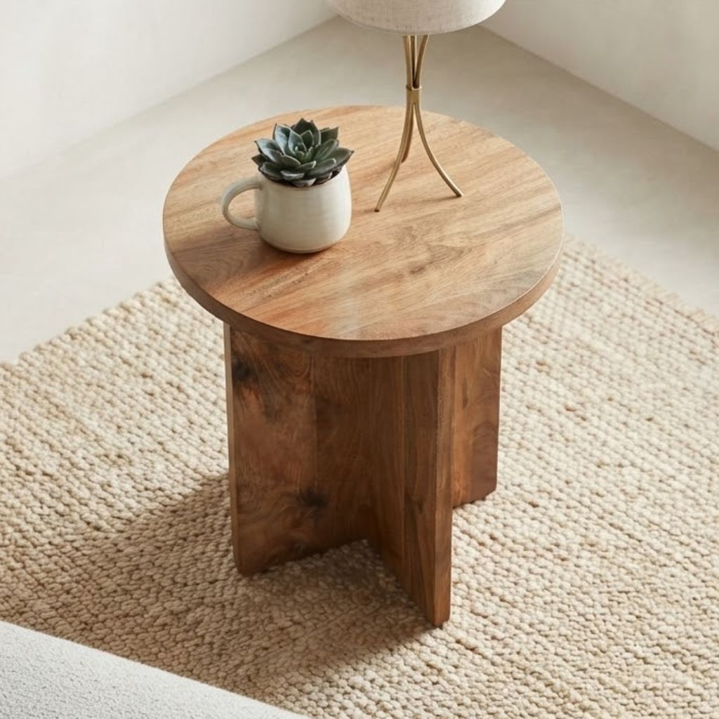 Cross bottom round Wooden Side Table