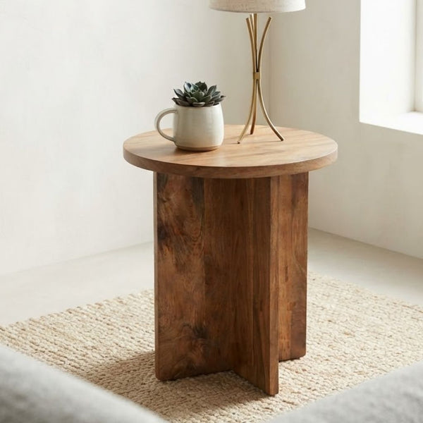 Cross bottom round Wooden Side Table