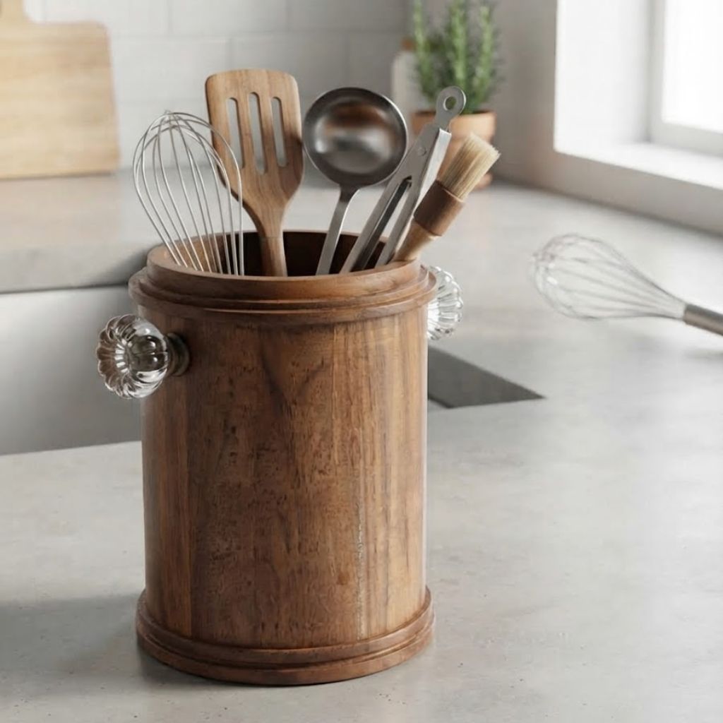 Circular Wooden utensil holder with glass knobs