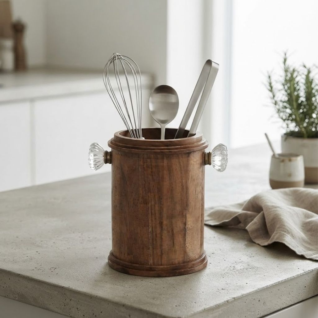Circular Wooden utensil holder with glass knobs