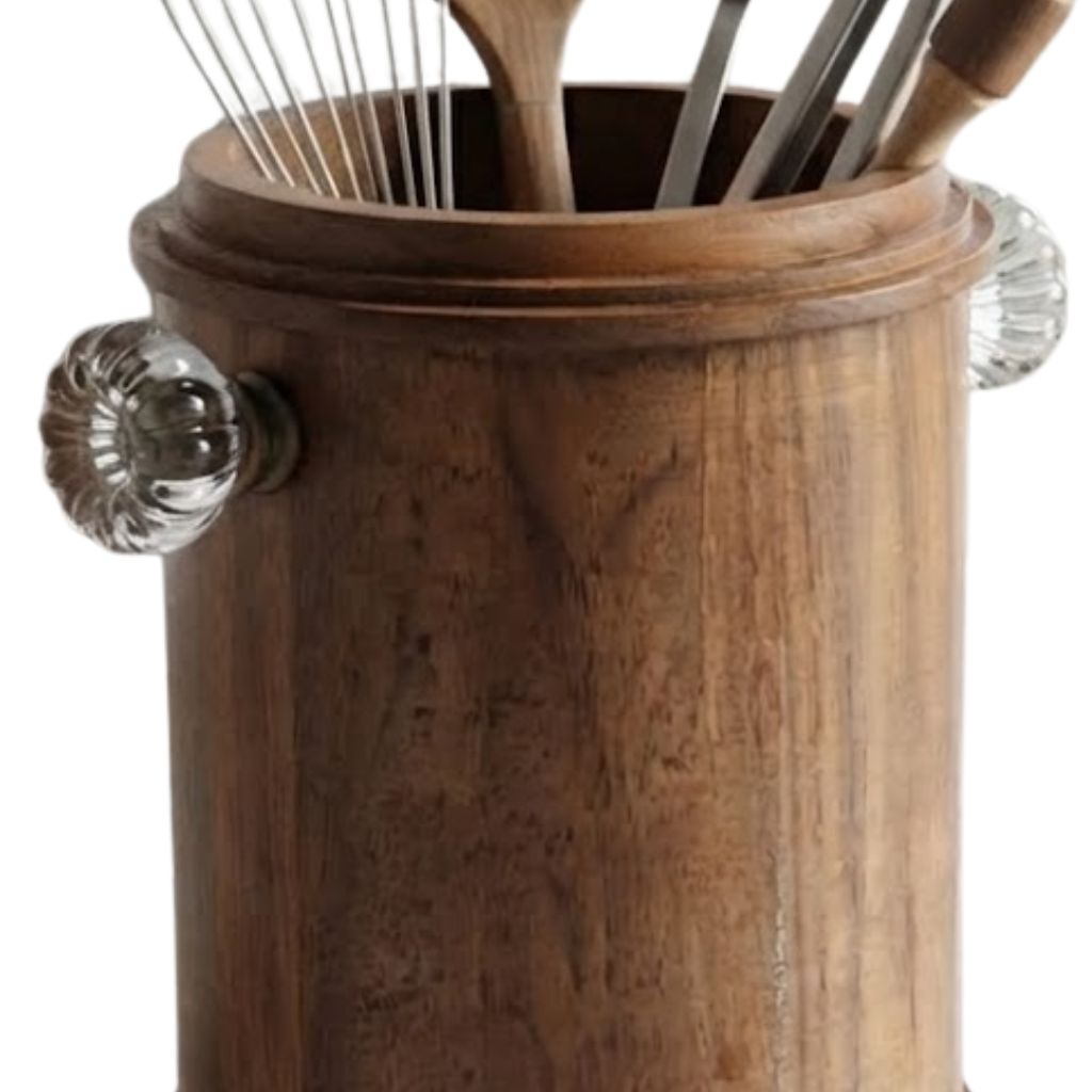 Circular Wooden utensil holder with glass knobs