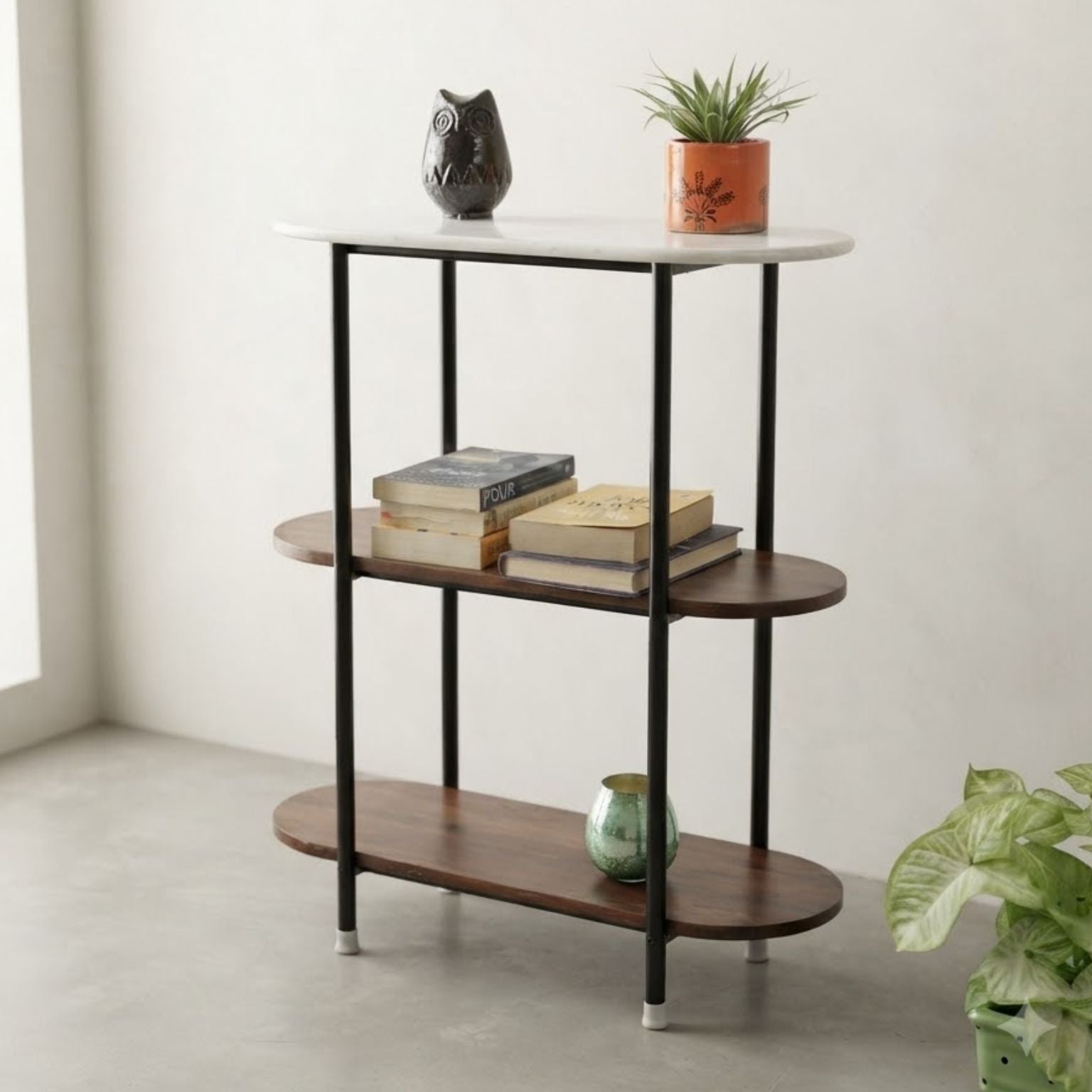 Wooden metal small console with marble top