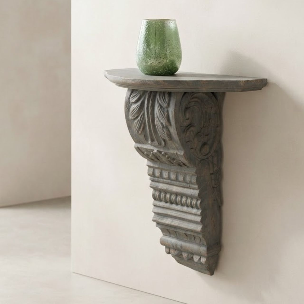 Gray Wash Carved Wooden Wall Shelf