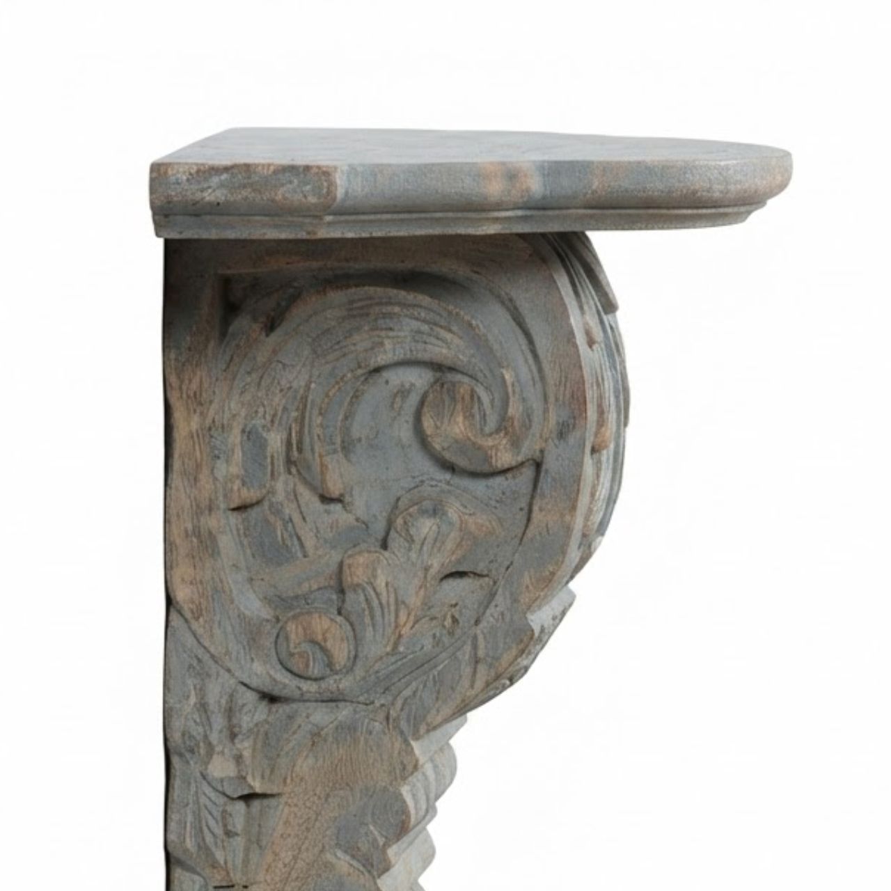 Gray Wash Carved Wooden Wall Shelf