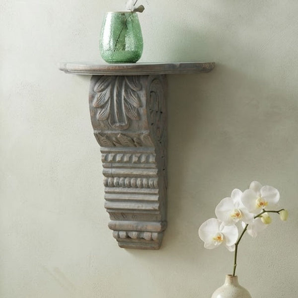 Gray Wash Carved Wooden Wall Shelf