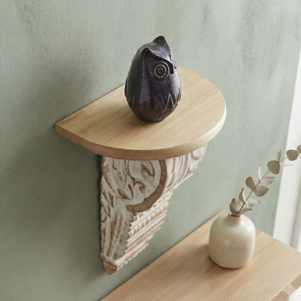 White Wash Carved Wooden Wall Shelf