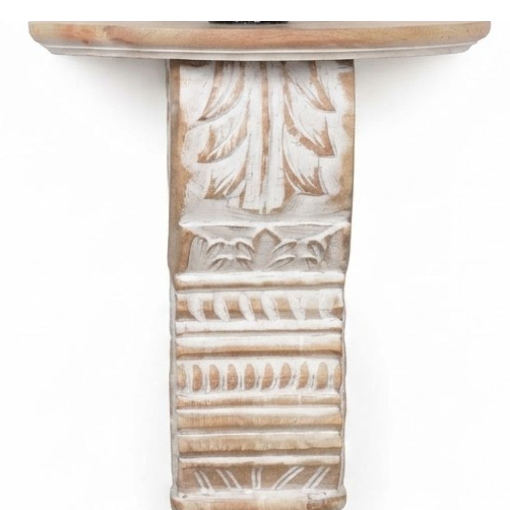 White Wash Carved Wooden Wall Shelf