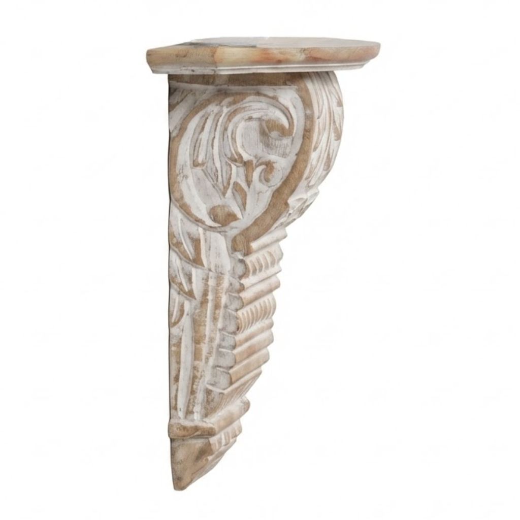 White Wash Carved Wooden Wall Shelf