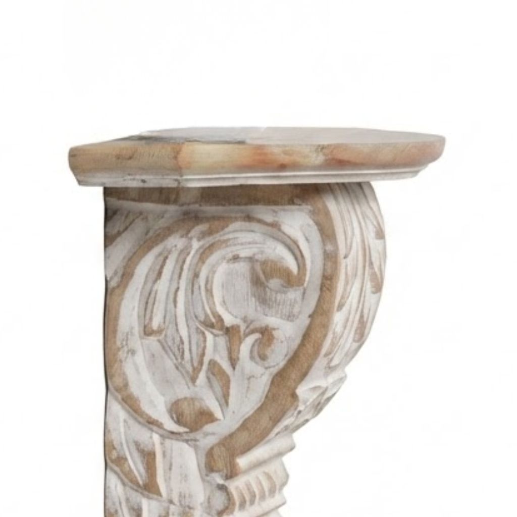 White Wash Carved Wooden Wall Shelf