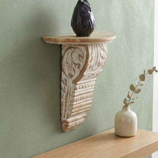 White Wash Carved Wooden Wall Shelf