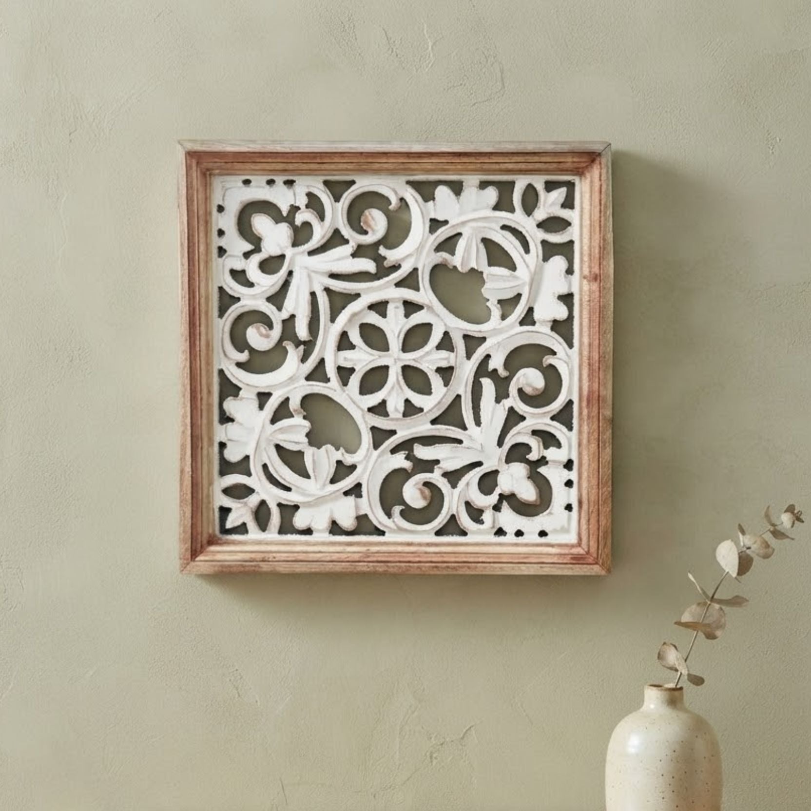 Wooden Carved white Wall Panel