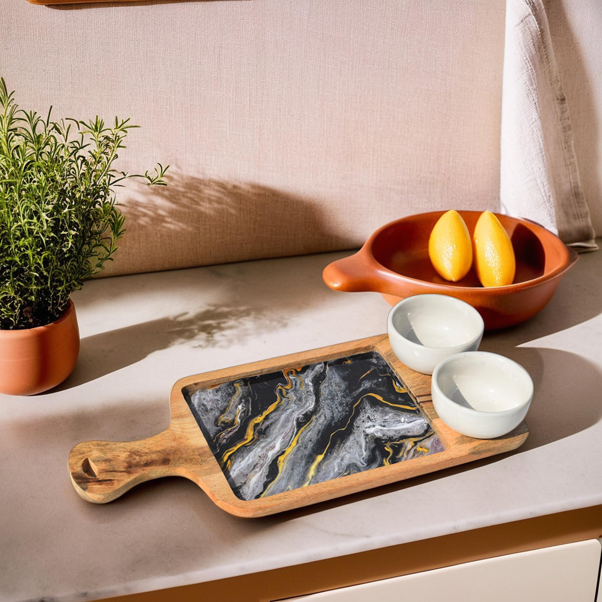 Kitchen- Decal Wooden Platter with ceramic bowl (GD6100)