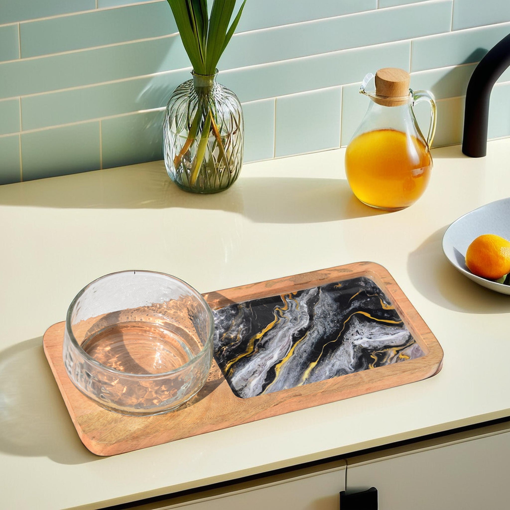 Kitchen- Decal Wooden Platter with glass bowl (GD6102)