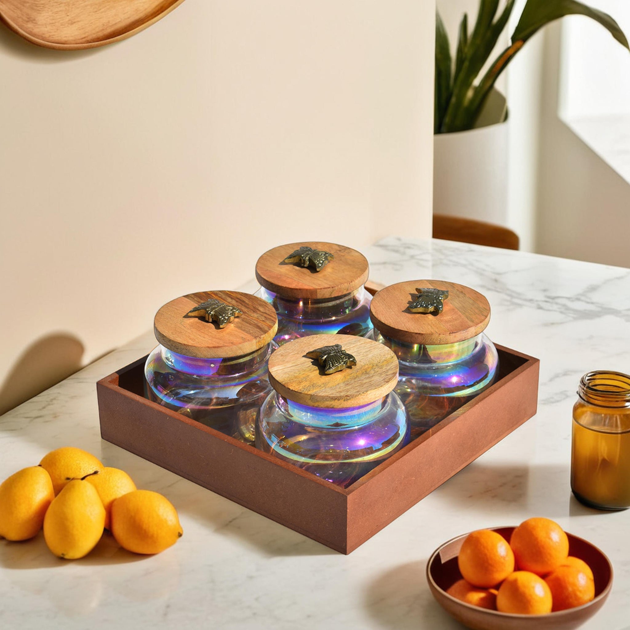 Kitchen- Mdf Wooden tray with glass jar