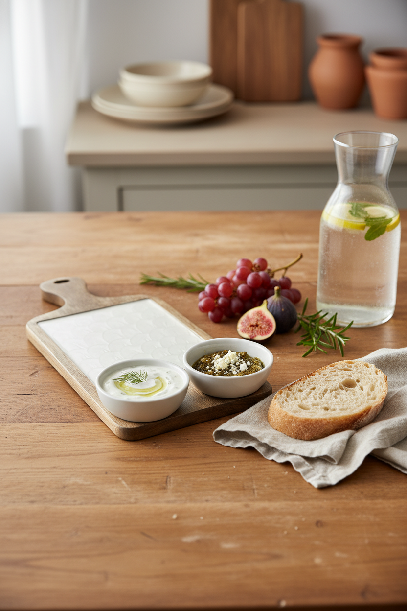 KT021 Wooden Serving Board with Ceramic Bowls