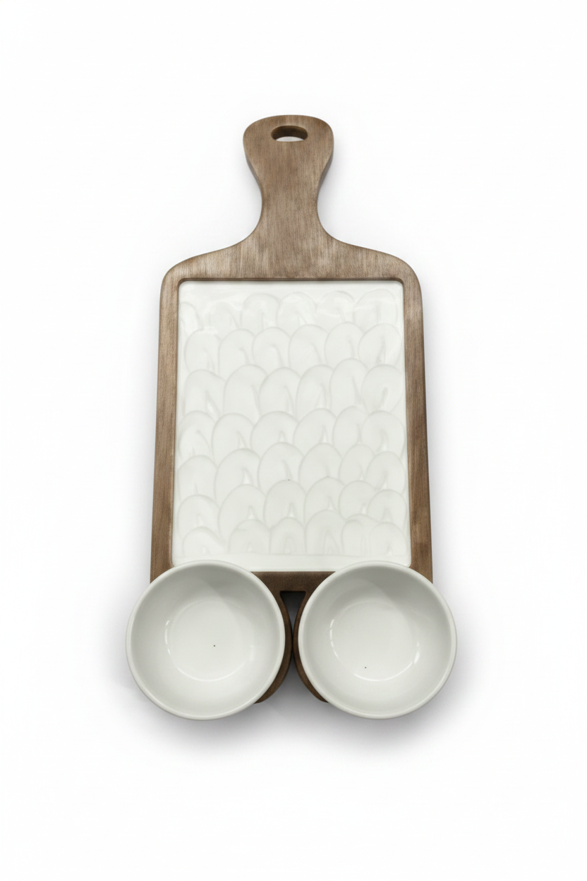 KT021 Wooden Serving Board with Ceramic Bowls