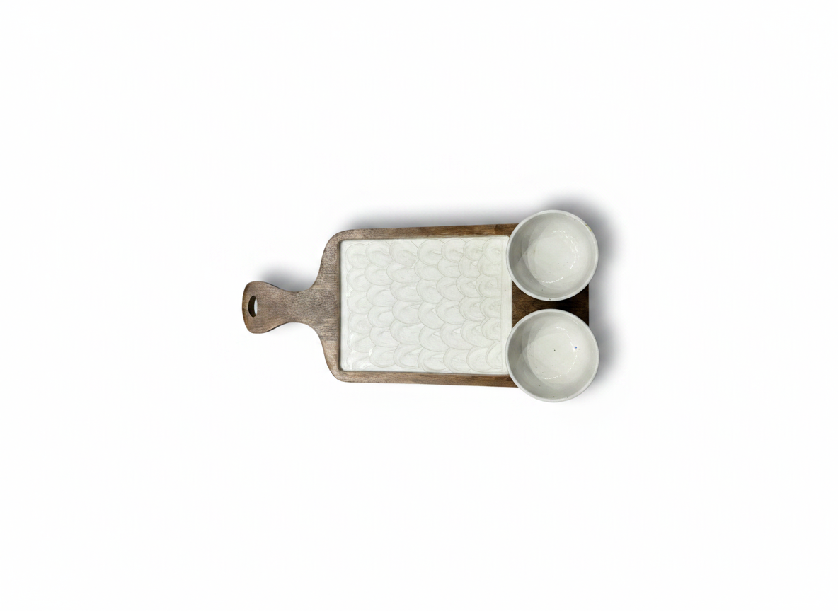 KT021 Wooden Serving Board with Ceramic Bowls