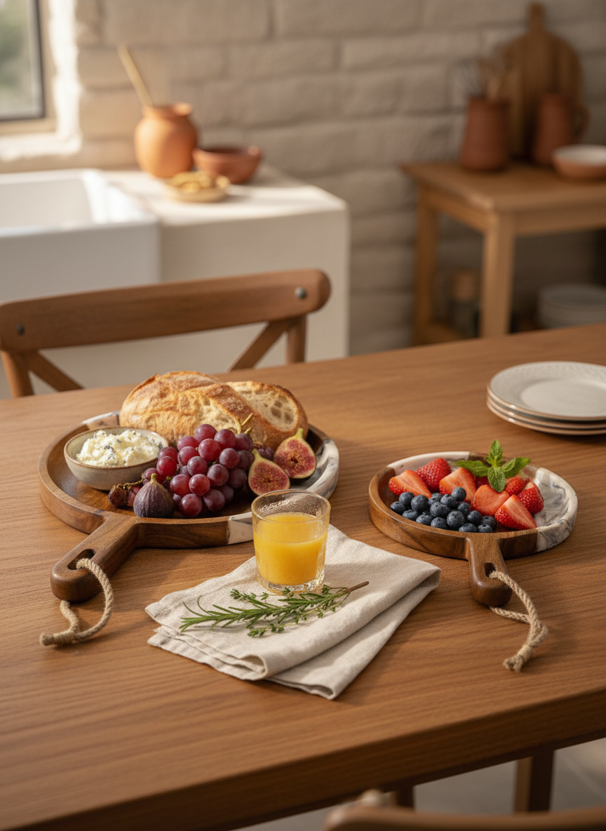 KT022 Wooden Serving Platter with Marble Resin Inlay (Set of 2)