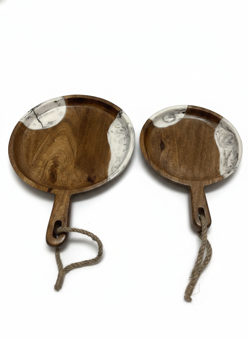 KT022 Wooden Serving Platter with Marble Resin Inlay (Set of 2)