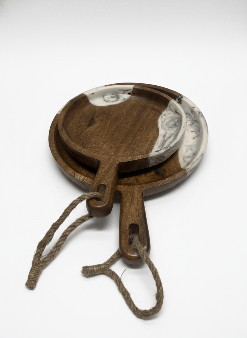 KT022 Wooden Serving Platter with Marble Resin Inlay (Set of 2)
