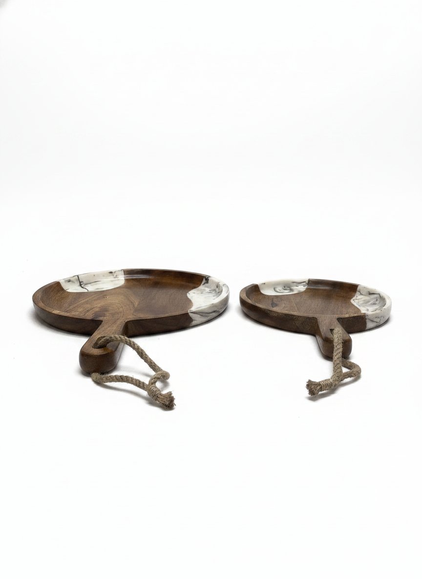 KT022 Wooden Serving Platter with Marble Resin Inlay (Set of 2)