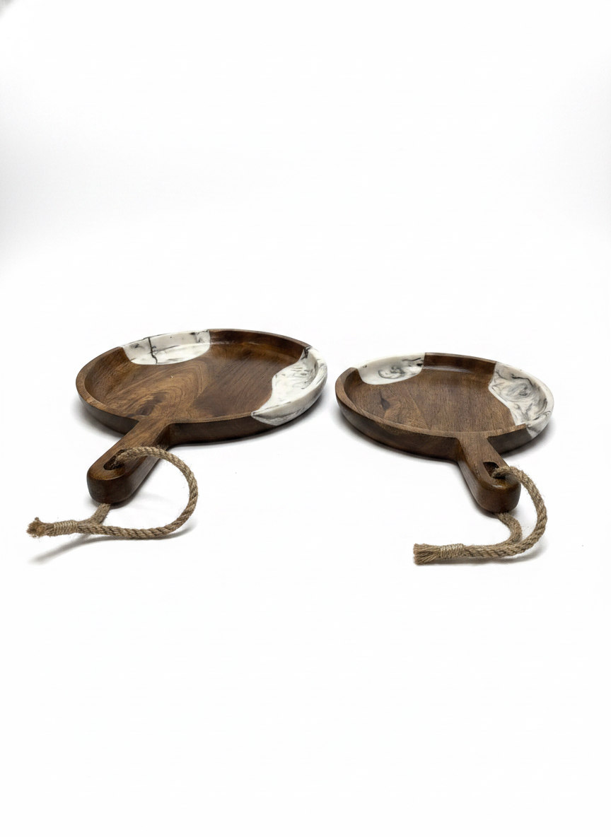 KT022 Wooden Serving Platter with Marble Resin Inlay (Set of 2)