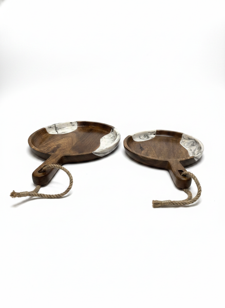 KT022 Wooden Serving Platter with Marble Resin Inlay (Set of 2)