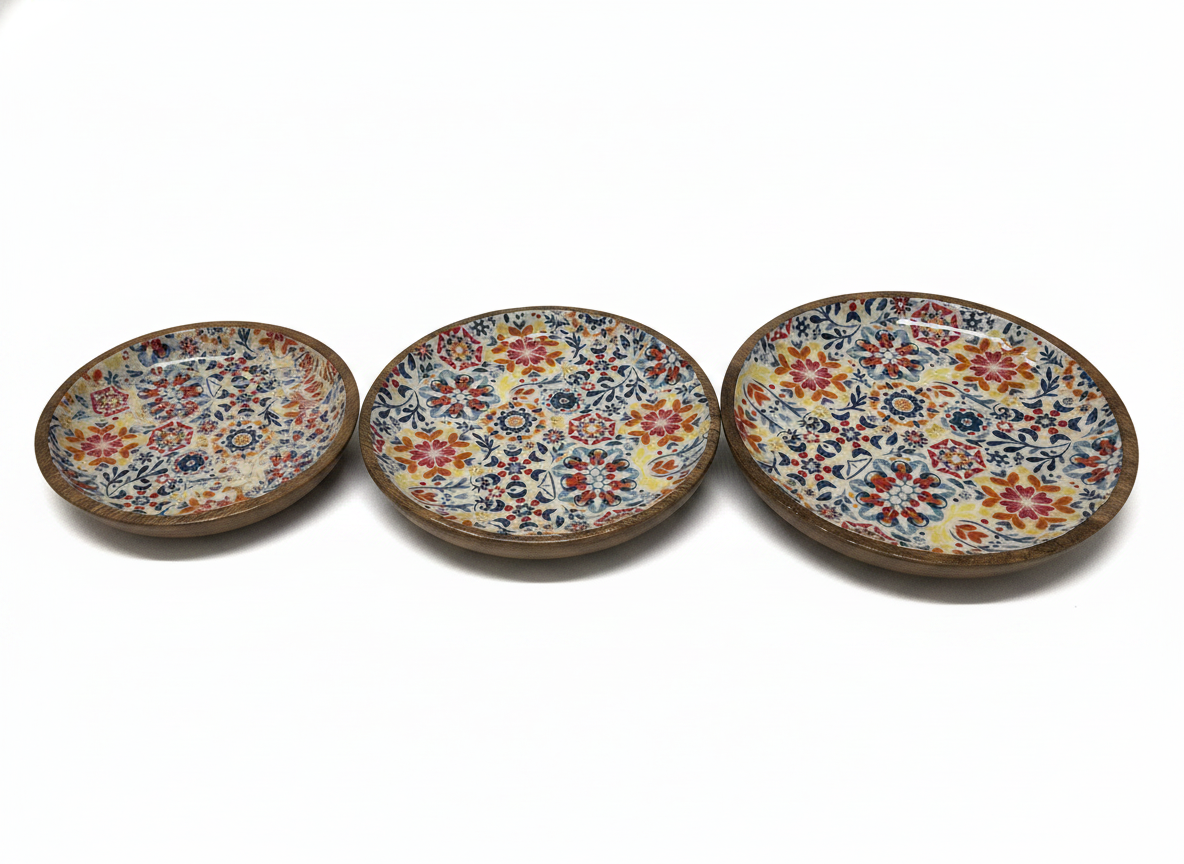 KT024 Mango Wood Nesting Bowls with Floral Enamel (Set of 3)