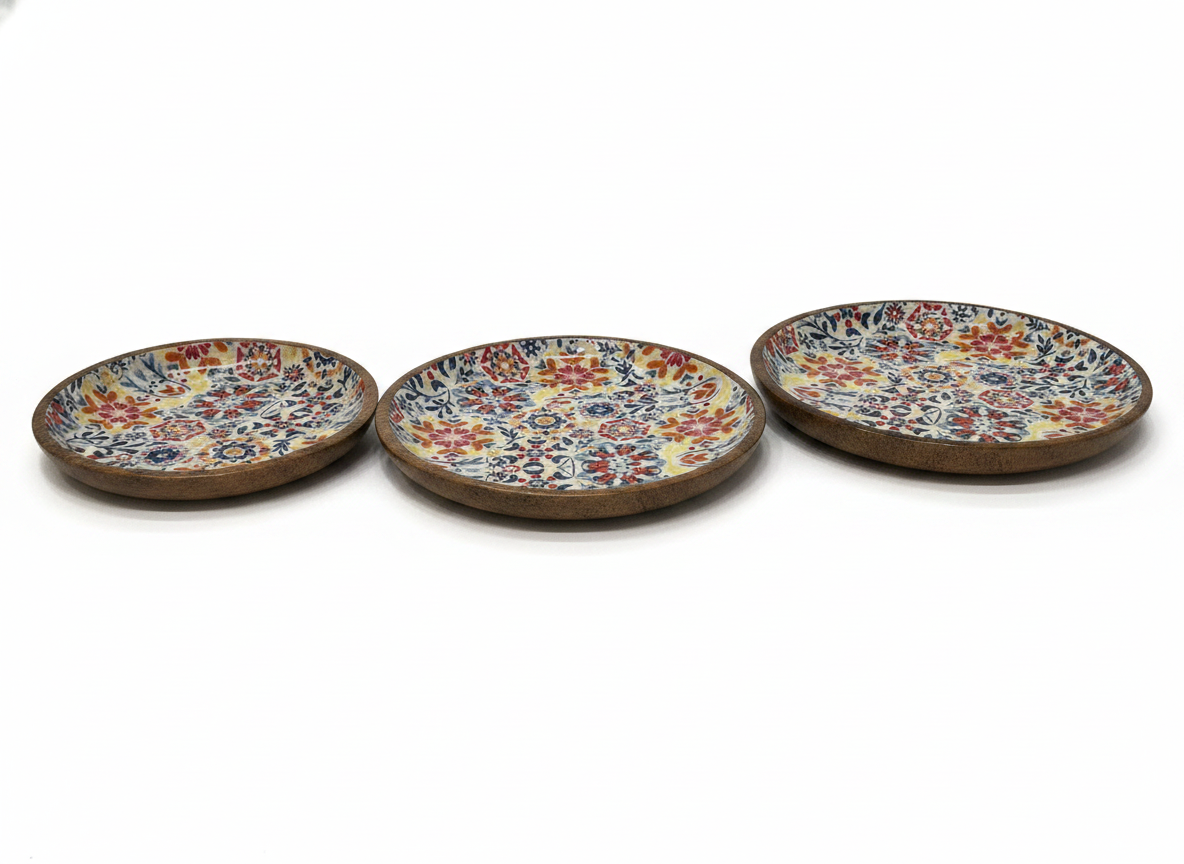 KT024 Mango Wood Nesting Bowls with Floral Enamel (Set of 3)