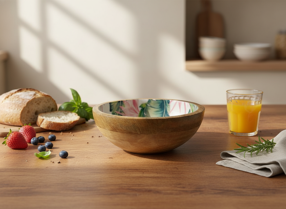 KT026 Mango Wood Bowl with Tropical Leaf Enamel