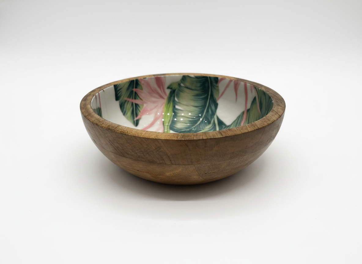 KT026 Mango Wood Bowl with Tropical Leaf Enamel