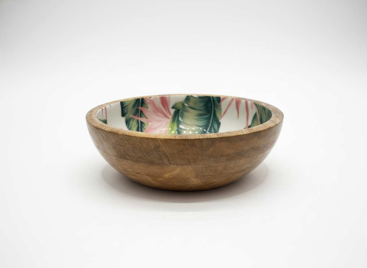 KT026 Mango Wood Bowl with Tropical Leaf Enamel