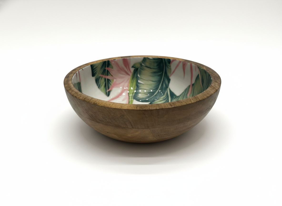 KT026 Mango Wood Bowl with Tropical Leaf Enamel