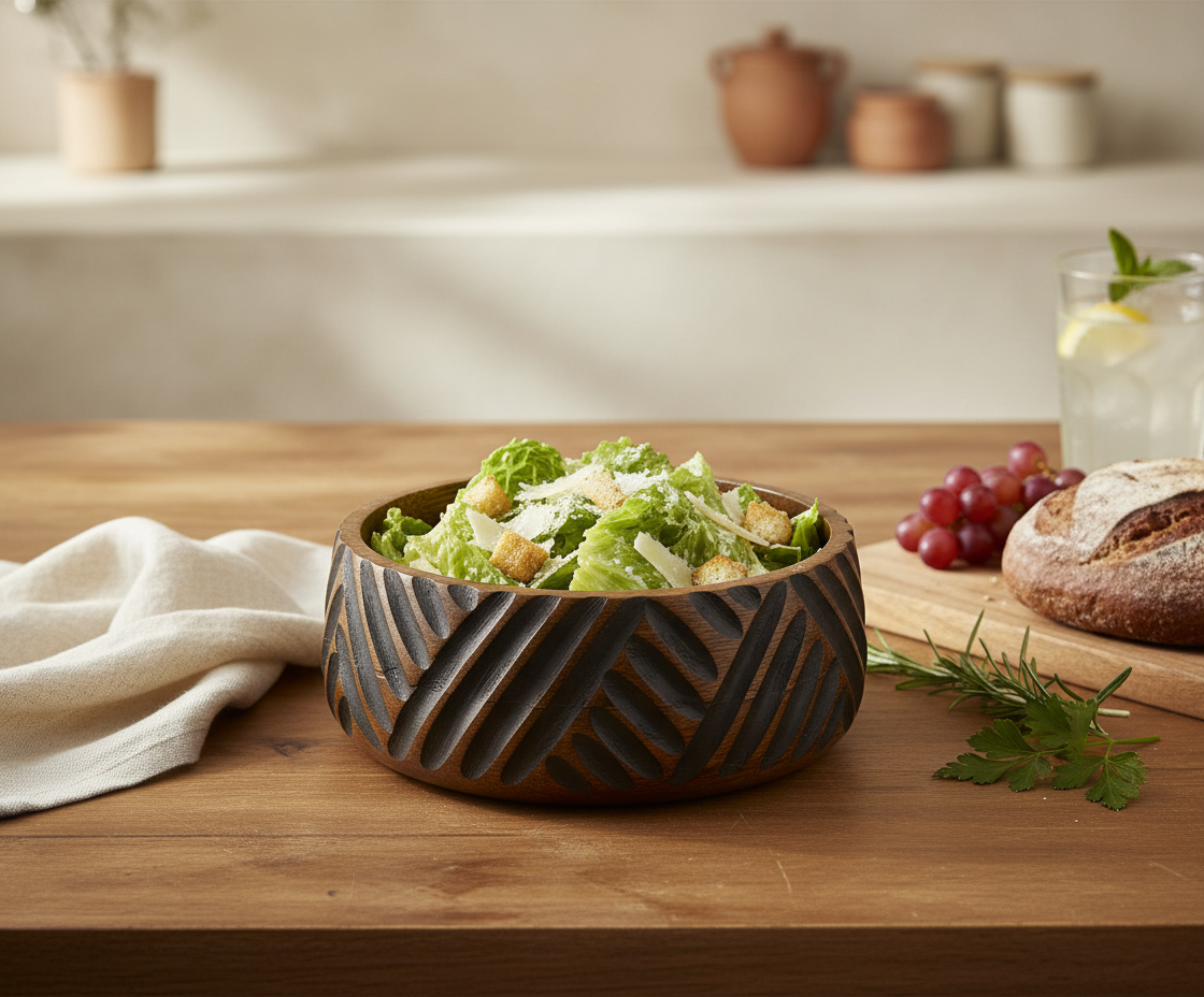 KT028 Carved Wooden Bowl with Chevron Pattern
