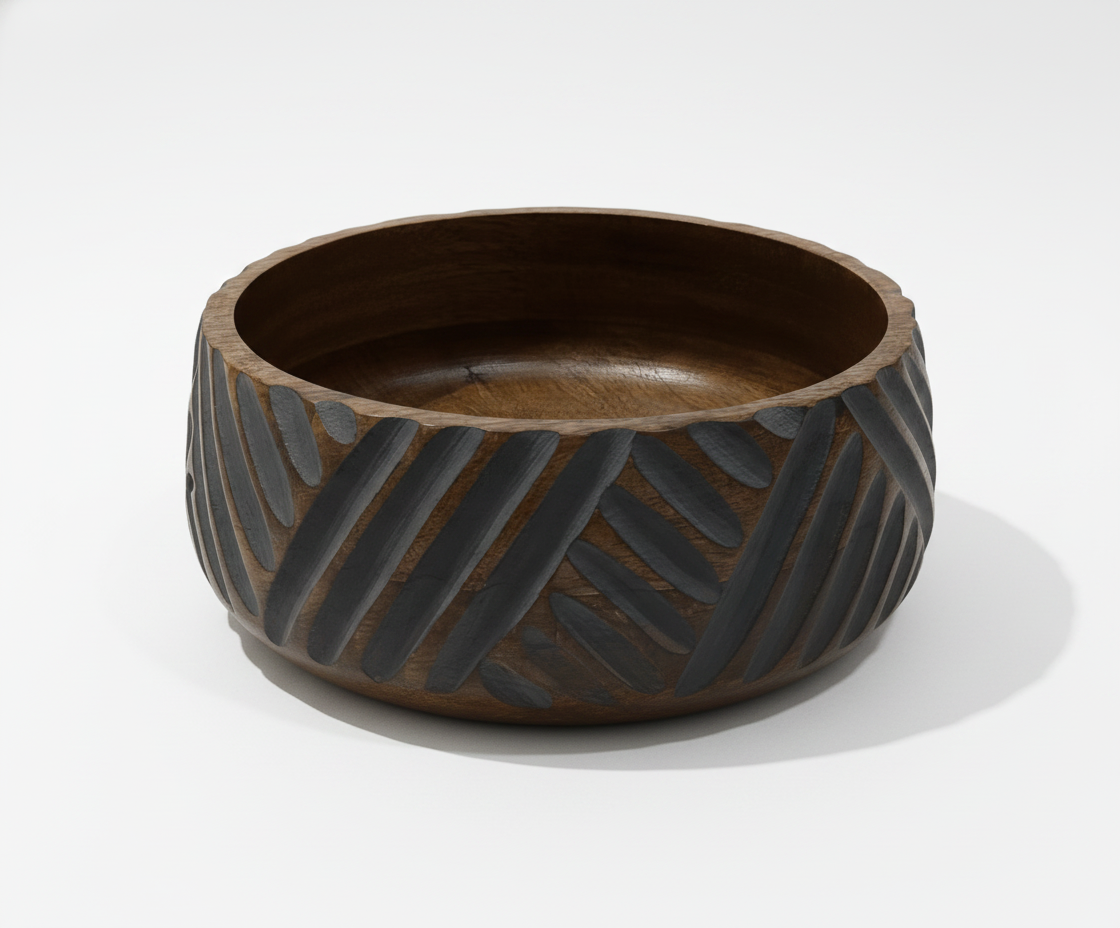 KT028 Carved Wooden Bowl with Chevron Pattern