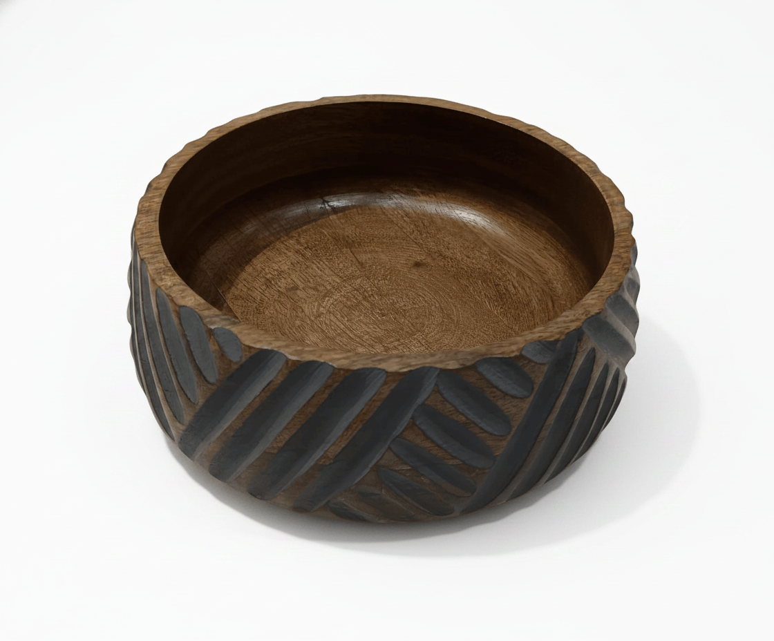 KT028 Carved Wooden Bowl with Chevron Pattern