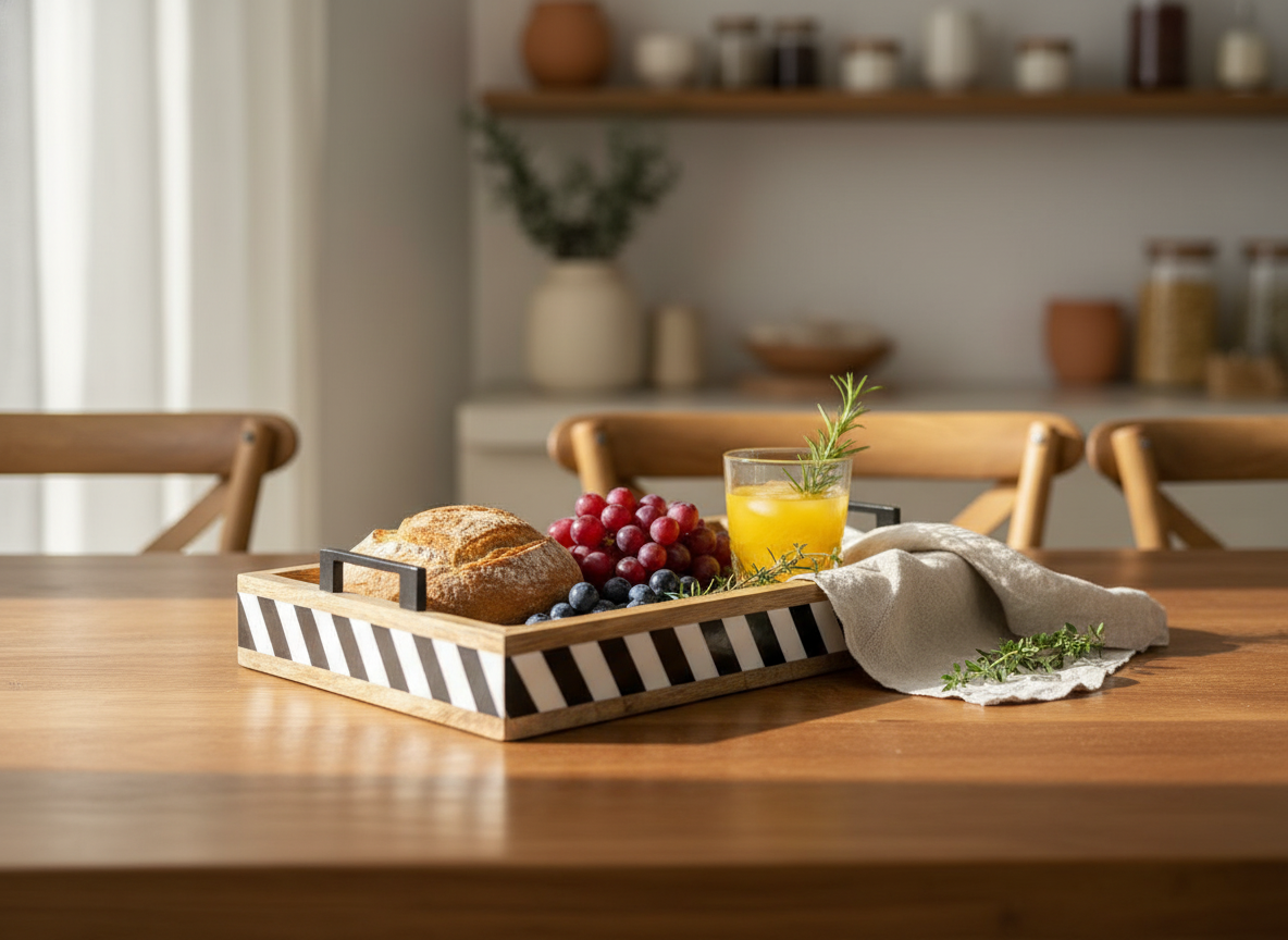KT030 Wooden Tray with Black and White Resin Stripes