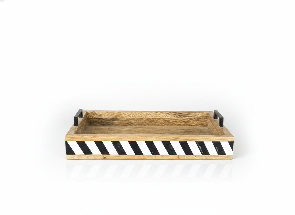 KT030 Wooden Tray with Black and White Resin Stripes