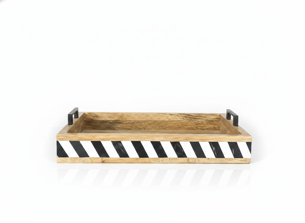 KT030 Wooden Tray with Black and White Resin Stripes