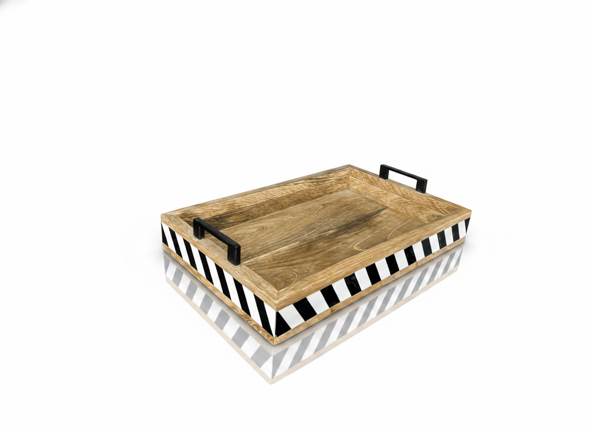 KT030 Wooden Tray with Black and White Resin Stripes