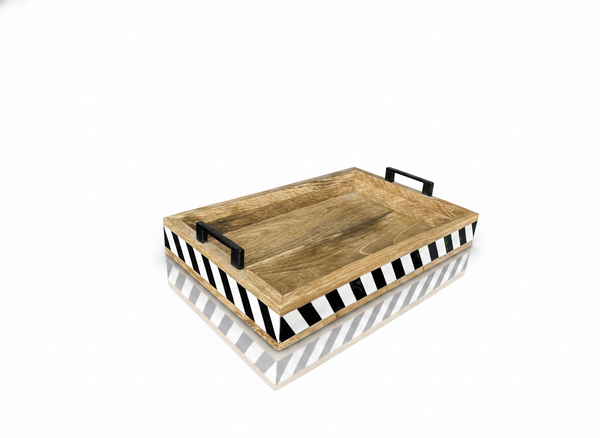 KT030 Wooden Tray with Black and White Resin Stripes