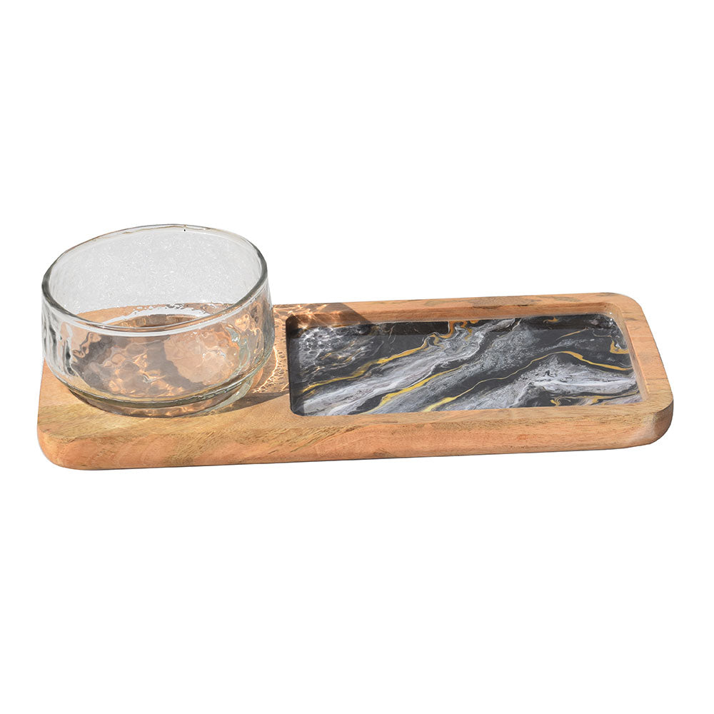 Kitchen- Decal Wooden Platter with glass bowl (GD6102)