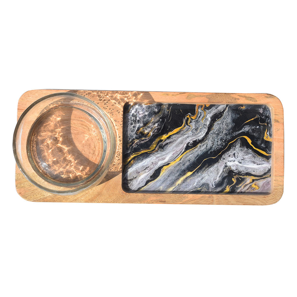 Kitchen- Decal Wooden Platter with glass bowl (GD6102)