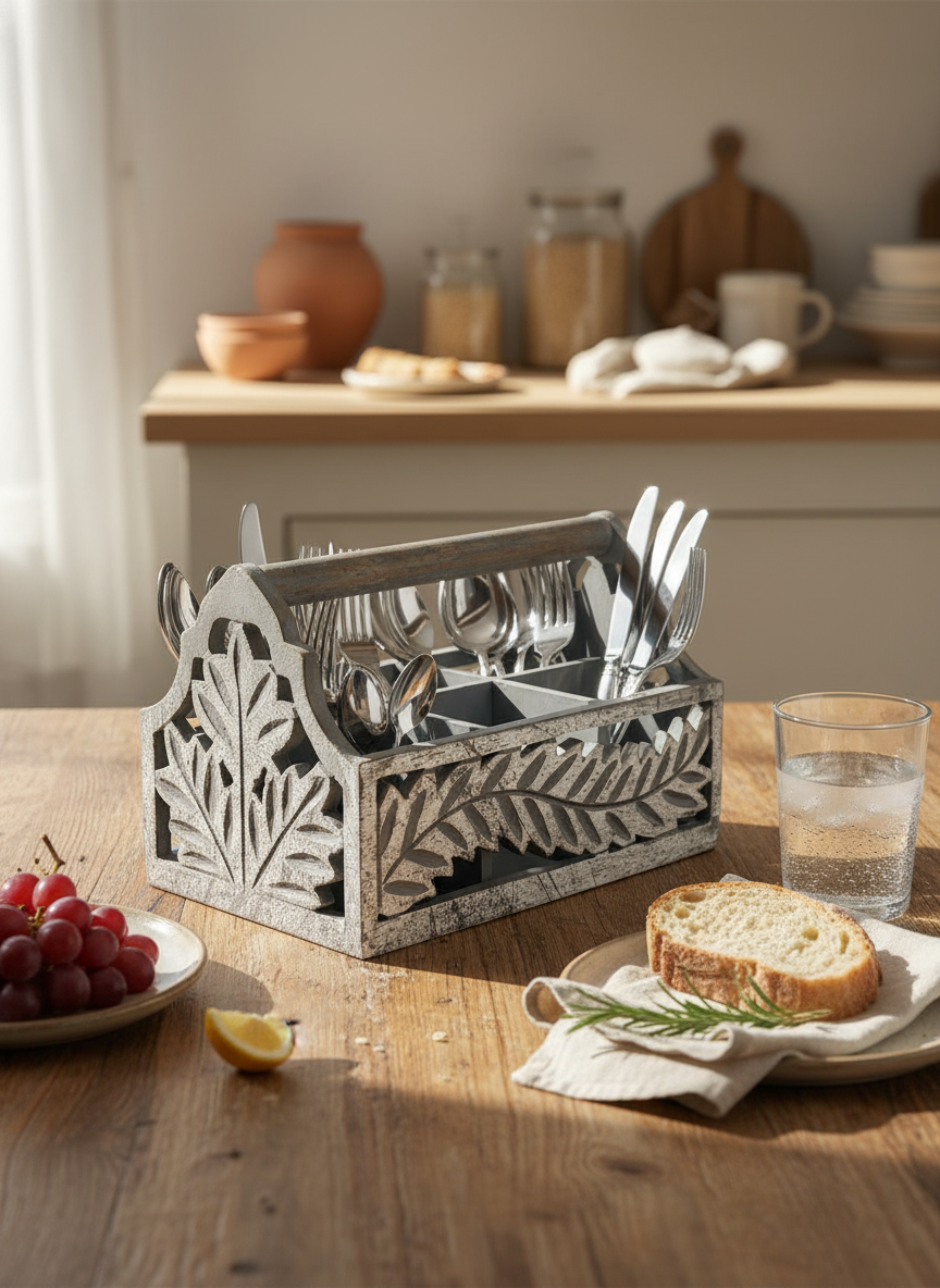 ST004 Wooden Cutlery Caddy with Carved Fern Design