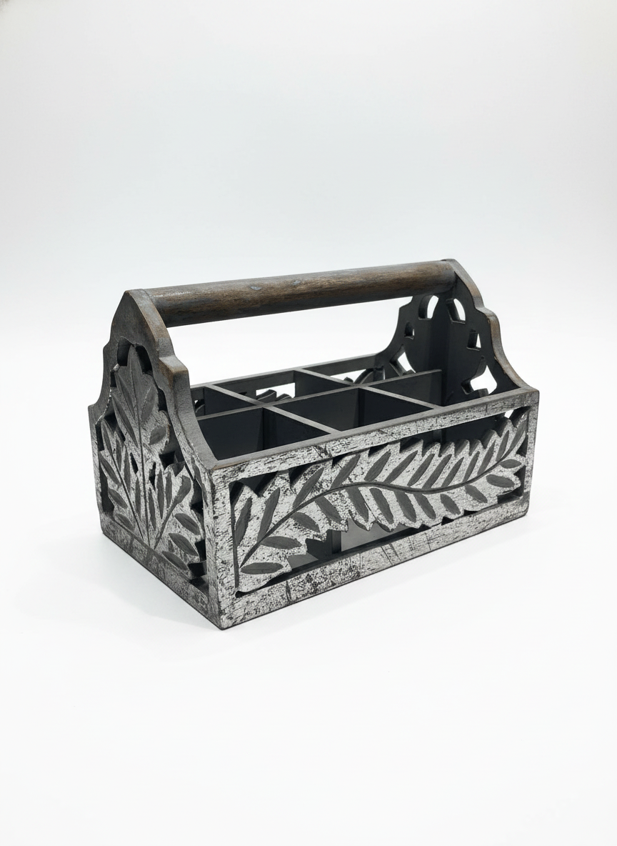 ST004 Wooden Cutlery Caddy with Carved Fern Design