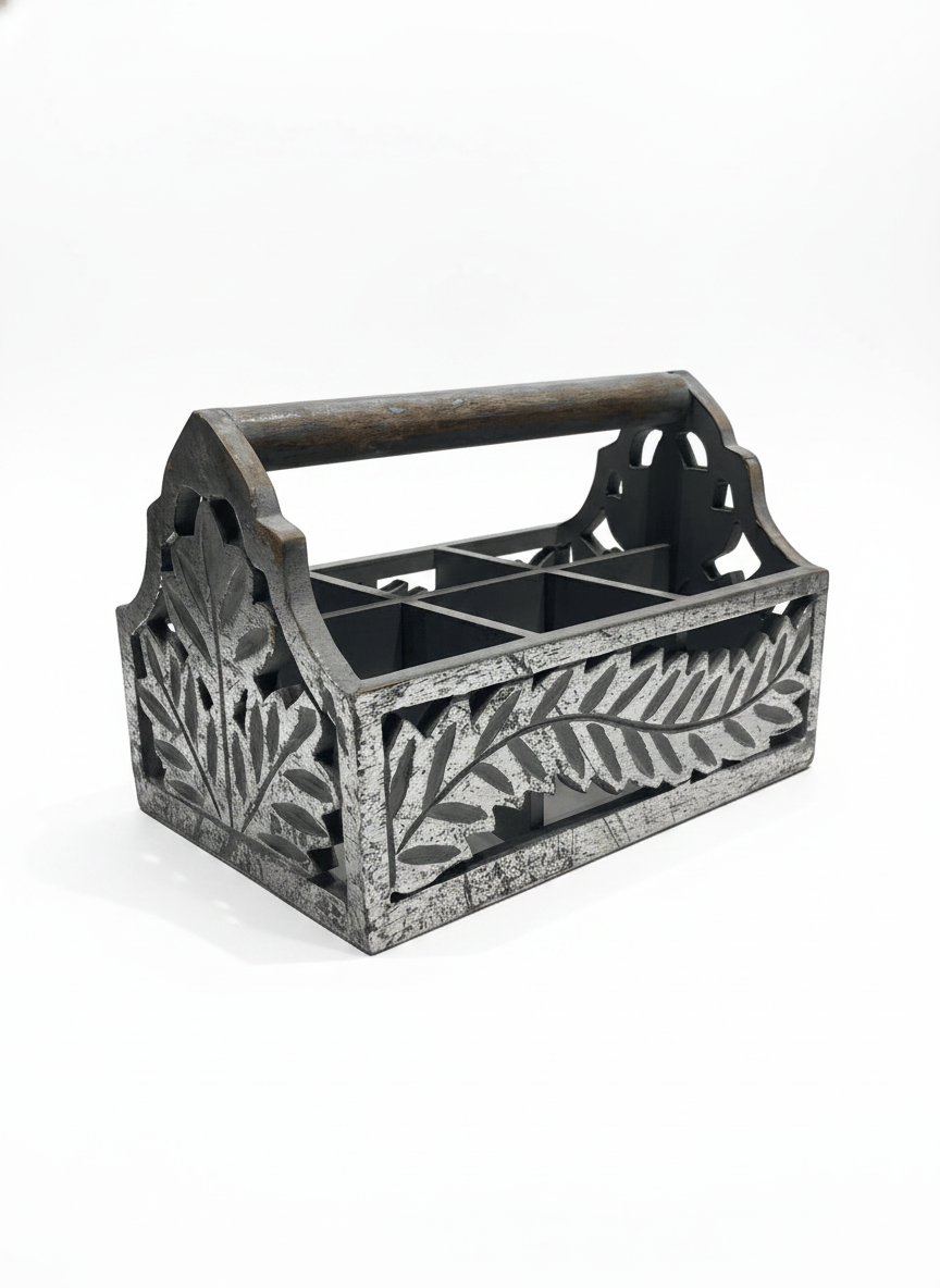 ST004 Wooden Cutlery Caddy with Carved Fern Design
