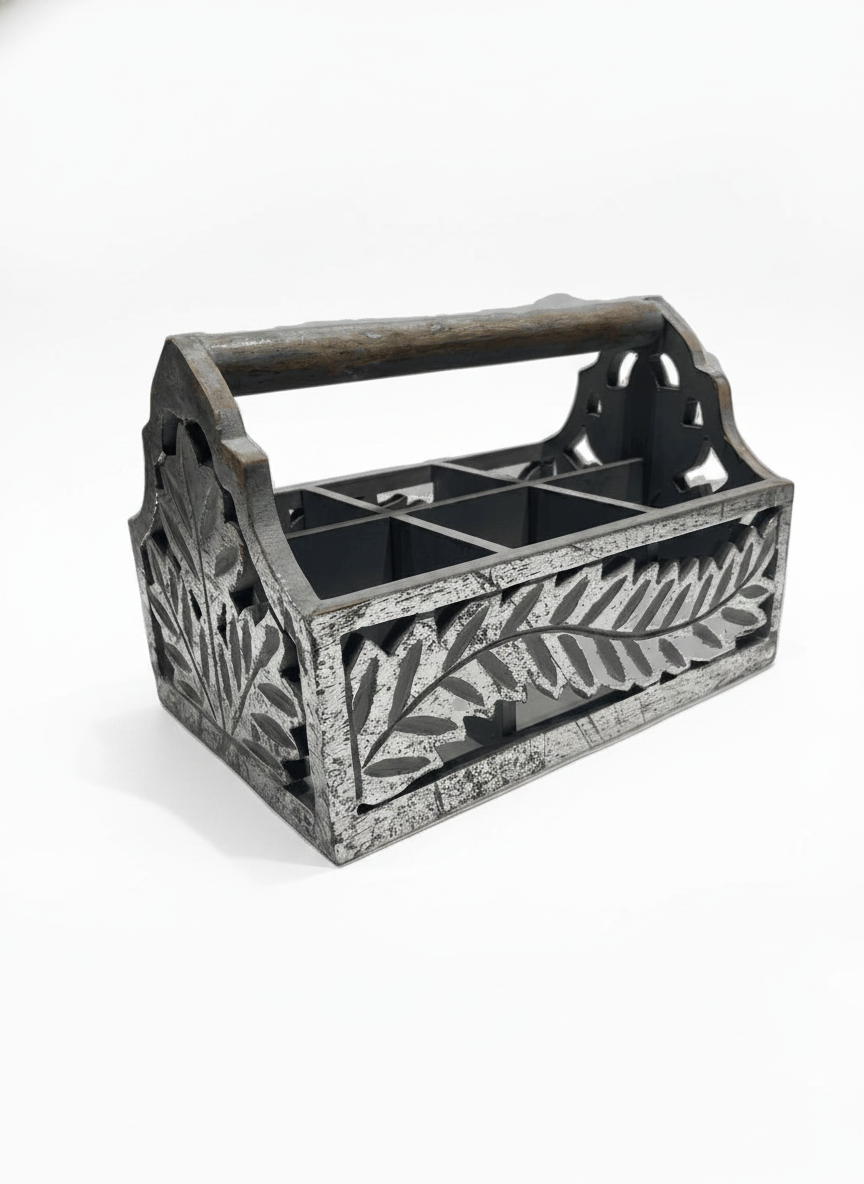 ST004 Wooden Cutlery Caddy with Carved Fern Design