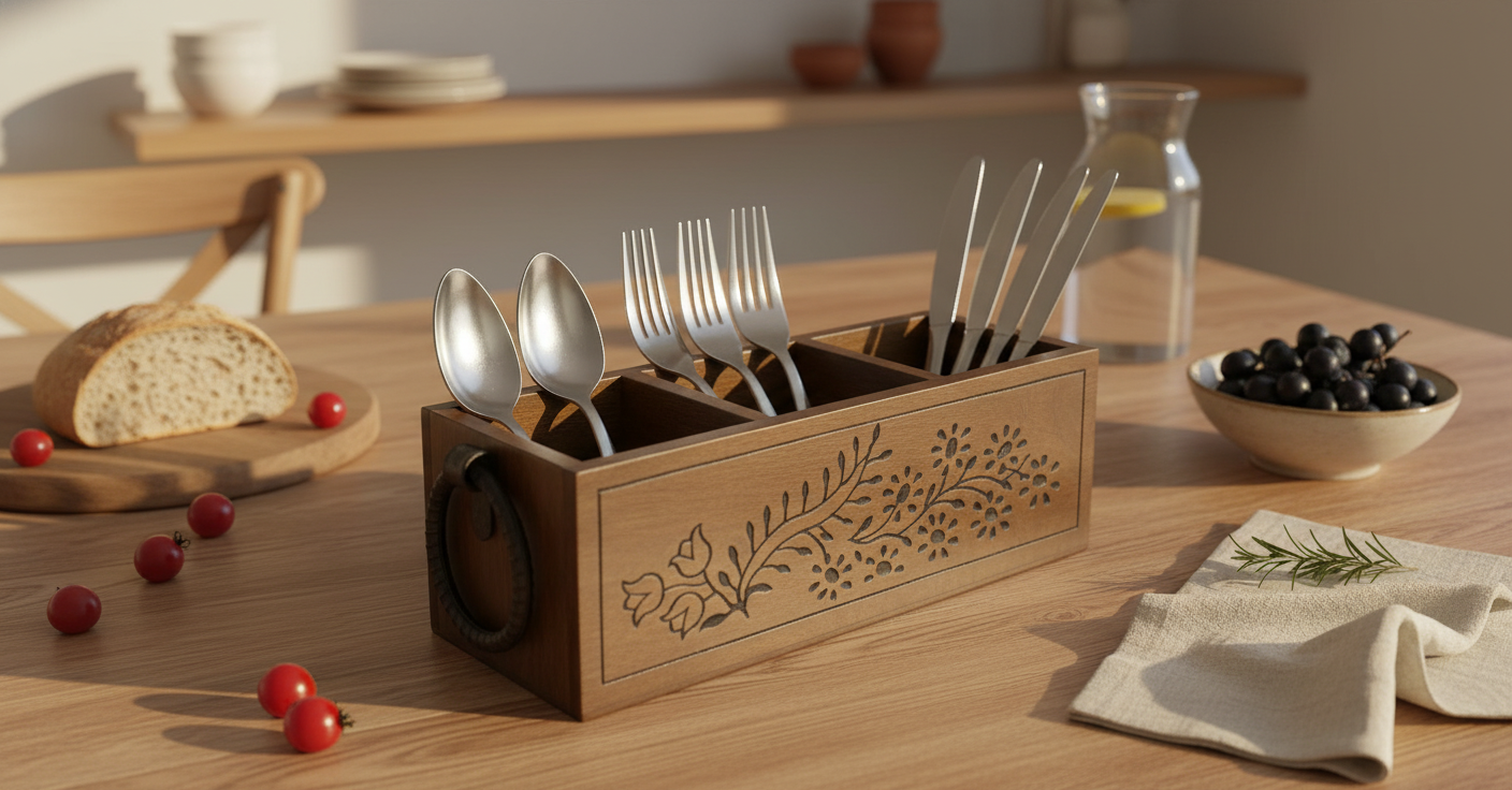 ST006 Wooden Caddy with Floral Cutwork