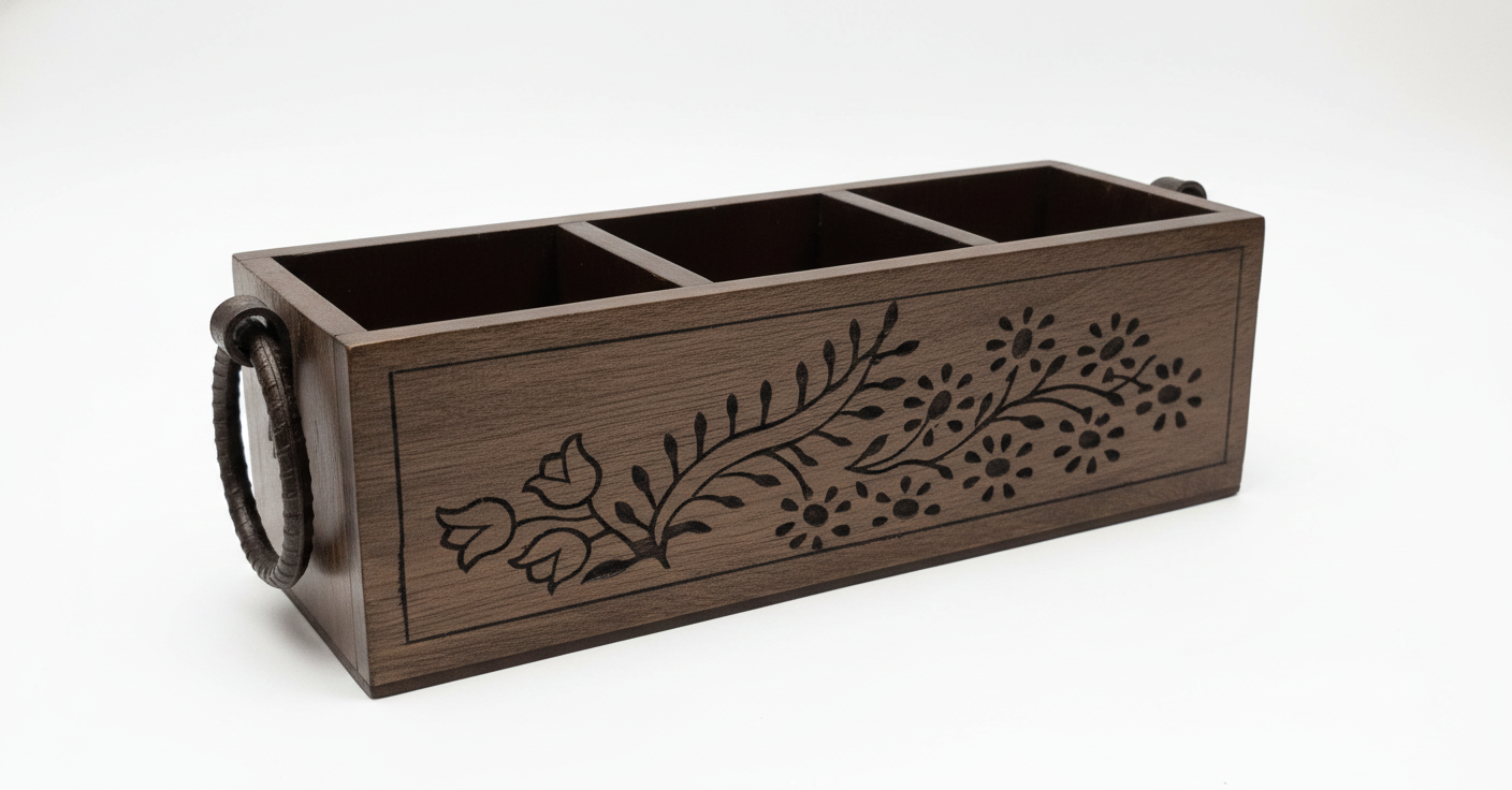 ST006 Wooden Caddy with Floral Cutwork