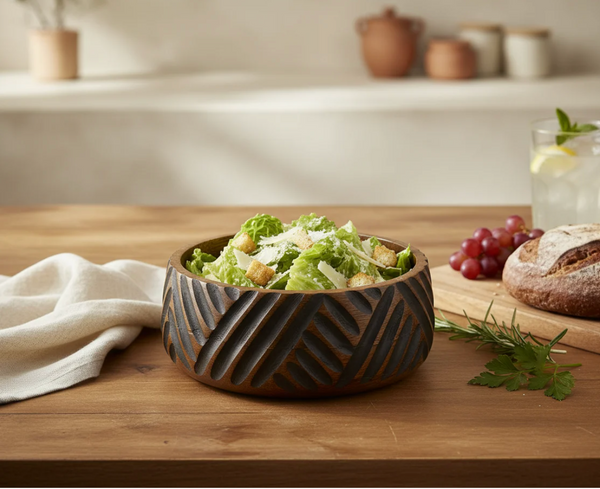 KT028 Carved Wooden Bowl with Chevron Pattern